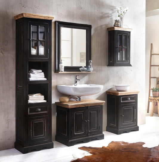 SIT-Möbel CORSICA, Hochschrank, Material: Mango + MDF, Farbe: schwarz mit honigfarbiger Deckplatte