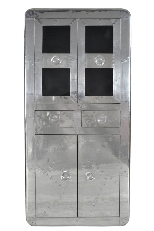 SIT-Möbel AIRMAN, Vitrine, (B) 90,00 x (H) 187,00 x (T) 40,00 cm, Material: Mangoholz + MDF mit Alu beschlagen, mit Zierschrauben, Farbe: silber, 4 Türen, 2 Schubladen
