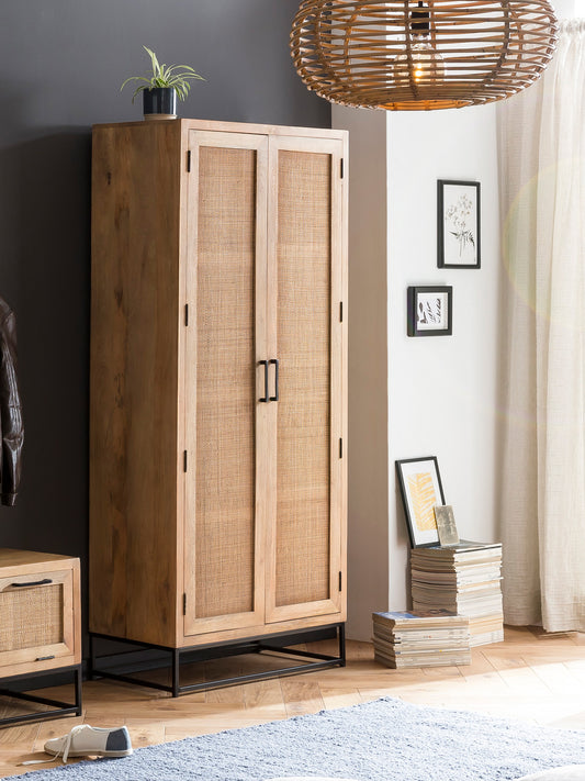 SIT-Möbel CANE, Garderobenschrank, Material: Mango lackiert mit Rattan-Front, Gestell Metall, Farbe: natur, Gestell schwarz