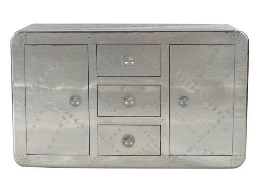 SIT-Möbel AIRMAN, Sideboard, (B) 150,00 x (H) 90,00 x (T) 45,00 cm, Material: Mangoholz + MDF mit Alu beschlagen, mit Zierschrauben, Farbe: silber, 2 Türen, 3 Schubladen, Fächer hinter den Türen 50x35x39 cm, Schubladeninnenmaß BH 34x17 cm