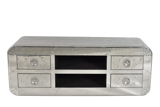 SIT-Möbel AIRMAN, Lowboard, (B) 140,00 x (H) 50,00 x (T) 45,00 cm, Material: Mangoholz + MDF mit Alu beschlagen, mit Zierschrauben, Farbe: silber, 2 offene Fächer, 4 Schubladen